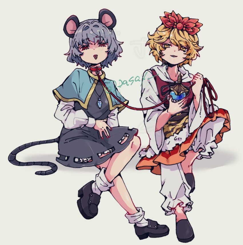 2girls animal_ears animal_print bishamonten&#039;s_pagoda black_shoes blonde_hair blue_capelet blush bobotatamu capelet crystal dress full_body grey_background grey_dress grey_hair headpiece highres holding holding_leash jewelry leash loafers long_sleeves looking_at_viewer mouse_ears mouse_girl mouse_tail multiple_girls nazrin necklace open_mouth orange_skirt pants pendant red_eyes red_vest shirt shoes short_hair sitting skirt smile socks tail tiger_print tongue tongue_out toramaru_shou touhou vest white_pants white_shirt white_socks yellow_eyes