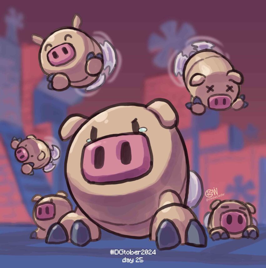 absurdres all_fours blurry blurry_background bumon closed_eyes cwdw digimon digimon_(creature) digimon_world_3 highres midair no_humans pig tears x_x