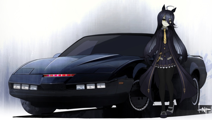 1girl absurdres ahoge animal_ears artist_name belly_chain black_coat black_gloves black_hair black_pantyhose black_shirt black_skirt blouse car closed_mouth coat collared_shirt commentary crossover dress_shirt gloves hair_between_eyes head_tilt heel_up highres horse_ears horse_girl horse_tail jewelry k.i.t.t kano_(nakanotakahiro1029) knight_rider long_bangs long_coat long_hair long_sleeves looking_at_viewer manhattan_cafe_(umamusume) mary_janes miniskirt motor_vehicle necktie open_clothes open_coat pantyhose pleated_skirt pontiac_firebird shadow shirt shoes signature skirt smile solo standing tail umamusume vehicle_focus white_shoes wing_collar yellow_eyes yellow_necktie