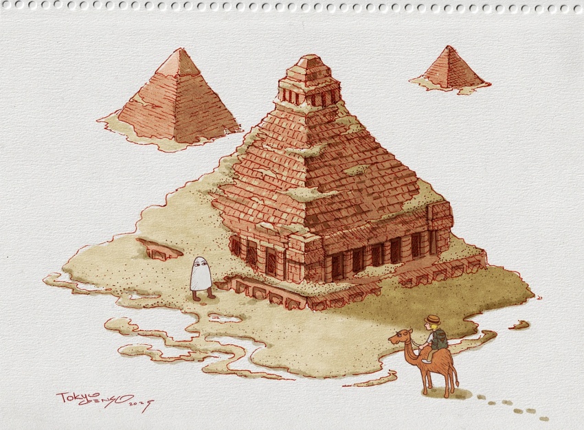 &lt;|&gt;_&lt;|&gt; 1boy 1other 2025 abandoned backpack bag blonde_hair brown_hat brown_pants building camel commentary_request egyptian_mythology grey_background hat medjed_(mythology) original pants pyramid_(structure) riding riding_animal sand shirt signature standing tokyogenso traditional_media white_shirt