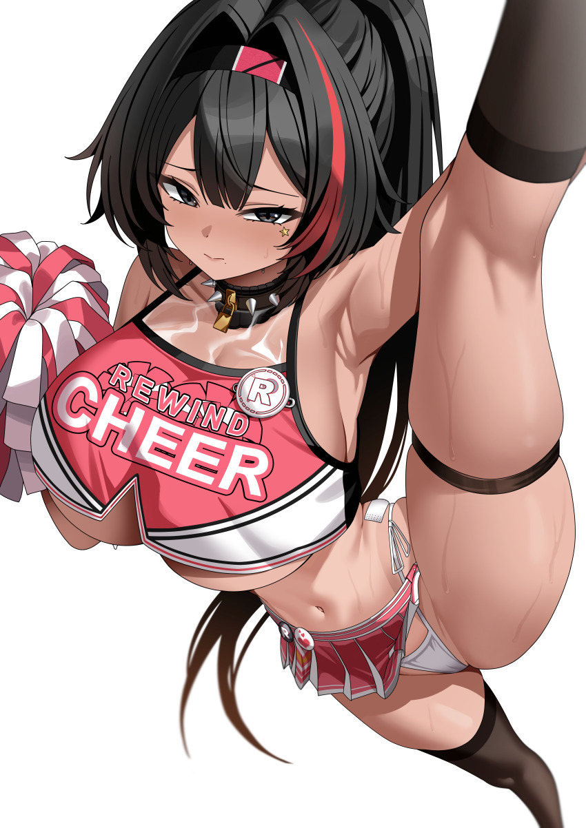 1girl absurdres arm_up armpits badge bandaid_on_hip bare_shoulders bay_(nikke) black_hair black_socks black_thighhighs breasts button_badge cameltoe cheerleader clothes_writing collar crop_top dark-skinned_female dark_skin double-parted_bangs feet_out_of_frame furrowed_brow goddess_of_victory:_nikke grey_eyes hair_between_eyes hair_intakes hairband highleg highleg_panties highres huge_breasts large_breasts leg_up lock long_hair looking_at_viewer mole mole_under_mouth multicolored_hair navel padlock padlocked_collar panties pom_pom_(cheerleading) ponytail red_hair side-tie_panties sideboob single_thighhigh skindentation socks solo spiked_collar spikes split standing standing_on_one_leg standing_split star_(symbol) star_in_eye star_sticker sticker_on_face stomach streaked_hair sweat symbol_in_eye tewaki thigh_strap thighhighs thighs toned toned_female two-tone_skirt two-tone_tank_top underboob underwear very_long_hair white_panties
