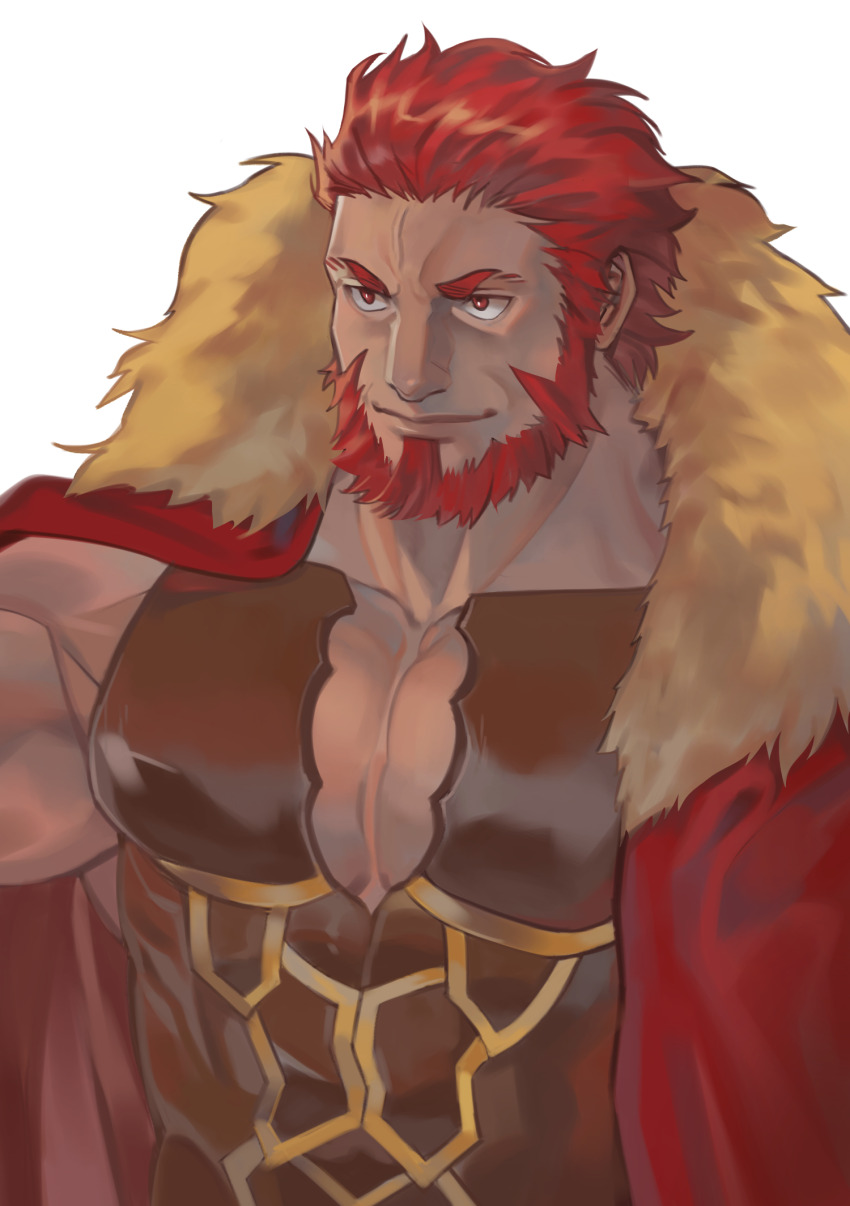 1boy aquiline_nose bara beard cape commentary_request dark-skinned_male dark_skin facial_hair fate/zero fate_(series) full_beard fur-trimmed_cape fur_trim halorane highres iskandar_(fate) korean_commentary large_pectorals looking_ahead male_focus mature_male muscular muscular_male nose pectorals red_eyes red_facial_hair red_hair sanpaku serious short_hair smile solo thick_beard thick_eyebrows upper_body