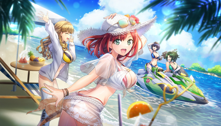 4girls arm_up ass ayato_utae banana beach bikini blonde_hair blue_eyes blue_hair breasts butt_crack chair cleavage closed_eyes cloud dolphin_wave elbow_gloves fingerless_gloves food fruit fruit_basket game_cg gloves grapes green_eyes green_hair harunami_anri hat highres jacket jet_ski kirishima_uniform kneehighs large_breasts layered_bikini long_hair looking_at_viewer mole mole_under_eye multiple_girls navel non-web_source official_art on_jet_ski one_eye_closed ootomo_takuji open_clothes open_jacket outdoors pineapple ponytail red_hair sakimiya_iruka see-through_clothes short_hair single_elbow_glove single_kneehigh single_sock socks sun_hat swimsuit thighhighs tojou_michiru watercraft wavy_hair wristband