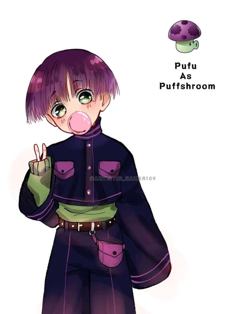 1boy baggy_clothes belt belt_pouch black_belt blush bowl_cut breast_pocket bubble buttons character_name chewing_gum child commentary_request cowboy_shot cropped_jacket facing_viewer green_eyes green_sweater green_undershirt highres humanization jacket long_sleeves looking_at_viewer male_focus multicolored_jacket mushroom pants parted_bangs peace personification pink_jacket plants_vs_zombies pocket pouch puff-shroom_(plants_vs_zombies) purple_bag purple_jacket purple_pants reka-san short_hair simple_background sleeves_past_fingers sleeves_past_wrists sweater tagme turtleneck turtleneck_jacket undershirt v white_background