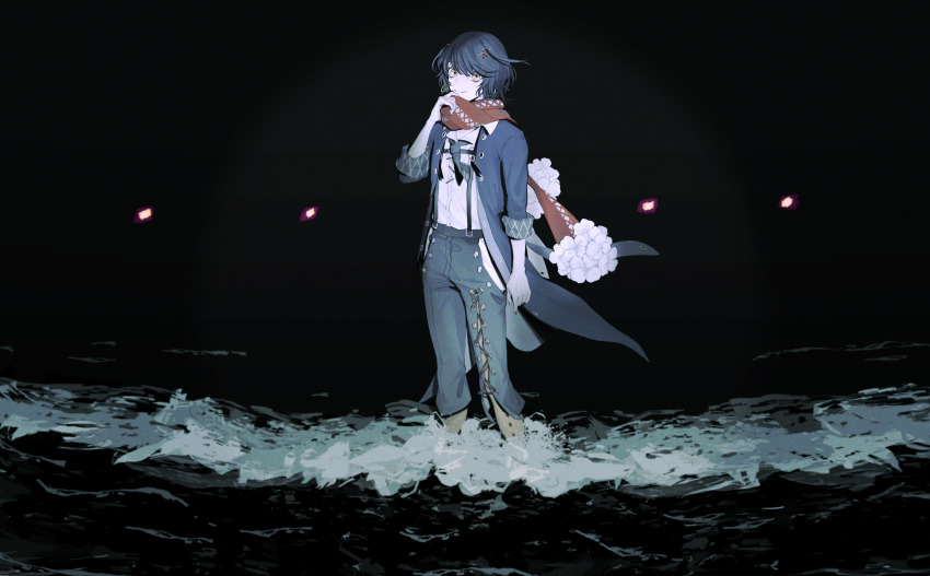 1boy absurdres blue_coat blue_pants closed_mouth coat dark earrings eyelashes hair_ornament hairclip highres jewelry looking_at_viewer maemaesp male_focus mashiro_meme mashiro_meme_(1st_costume) nijisanji ocean outdoors pants red_scarf scarf shirt short_hair smile solo suspenders virtual_youtuber wading white_shirt wide-eyed