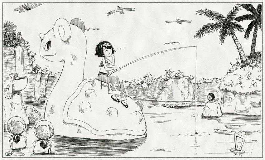 1girl baggy_pants bird border bug capri_pants cliff closed_eyes day dewpider female_focus fishing fishing_rod gen_1_pokemon gen_3_pokemon gen_7_pokemon grass greyscale lana_(pokemon) lapras monochrome morelull mushroom nintendo noske one-piece_swimsuit open_mouth outdoors palm_tree pants pelican pelipper pokemon pokemon_(creature) pokemon_sm poliwag sailor_collar sandals seagull shirt short_hair sitting sky sleeveless sleeveless_shirt solo spider swimsuit swimsuit_under_clothes tree trial_captain water wingull yawning