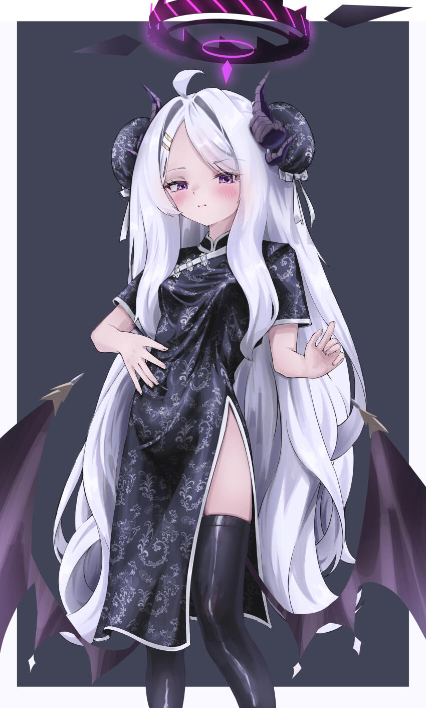 1girl absurdres ahoge alternate_costume alternate_hairstyle auroraescientia black_background black_dress black_halo black_horns black_thighhighs blue_archive blush border bow breasts bun_cover china_dress chinese_clothes closed_mouth commentary demon_girl demon_horns demon_wings double_bun dress eyelashes feet_out_of_frame floral_print floral_print_dress hair_bow hair_bun hair_intakes hair_ornament hairclip halo hands_up highres hina_(blue_archive) horns long_hair looking_at_viewer low_wings outside_border parallel_hairclips parted_bangs pelvic_curtain print_dress purple_eyes short_sleeves simple_background small_breasts solo standing thighhighs very_long_hair white_border white_bow white_hair wings