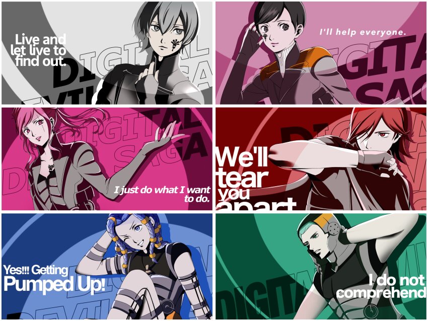 2girls 4boys absurdres all-out_attack argilla armor black_eyes black_hair blue_background blue_eyes blue_hair border cielo_(dds) devil_summoner_(series) digital_devil_saga dreadlocks english_text facial_mark fingerless_gloves gale_(dds) gloves glyph green_background green_eyes green_hair grey_eyes grey_hair hair_over_one_eye heat_(dds) highres long_sleeves multiple_boys multiple_girls parin802 persona persona_3 persona_3_reload pink_background pink_eyes pink_hair red_background red_eyes red_hair sera_(dds) serph shin_megami_tensei short_hair short_sleeves tattoo tomboy white_background white_border