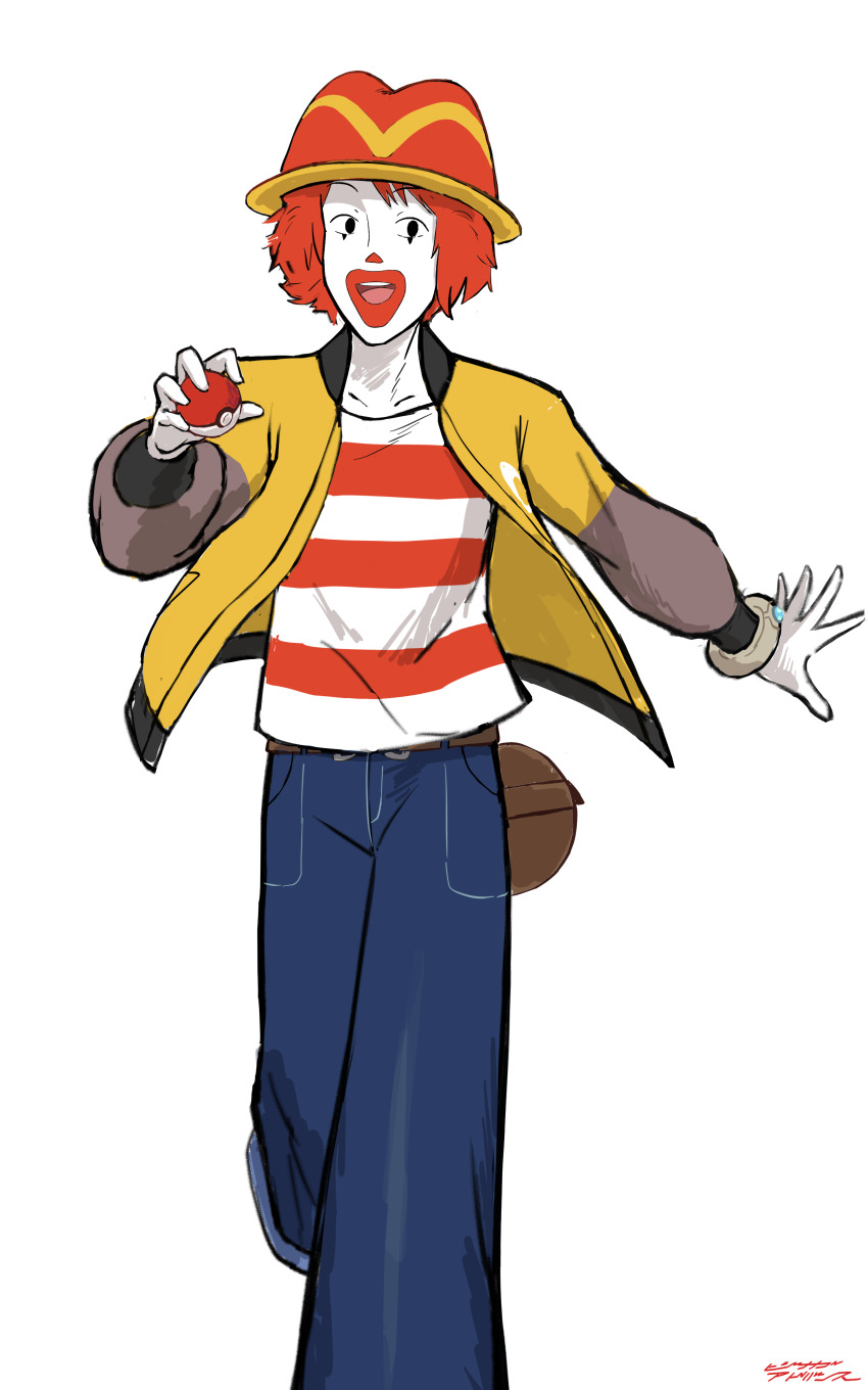 1girl absurdres baggy_pants bracelet clown cosplay denim facepaint harmony_(pokemon) hat highres holding holding_poke_ball jacket jeans jewelry looking_to_the_side nintendo open_clothes open_jacket pants poke_ball pokemon pokemon_legends:_z-a red_hair red_hat ronald_mcdonald ronald_mcdonald_(cosplay) shirt striped_clothes striped_shirt trilby user_wfex5227 white_background yellow_jacket
