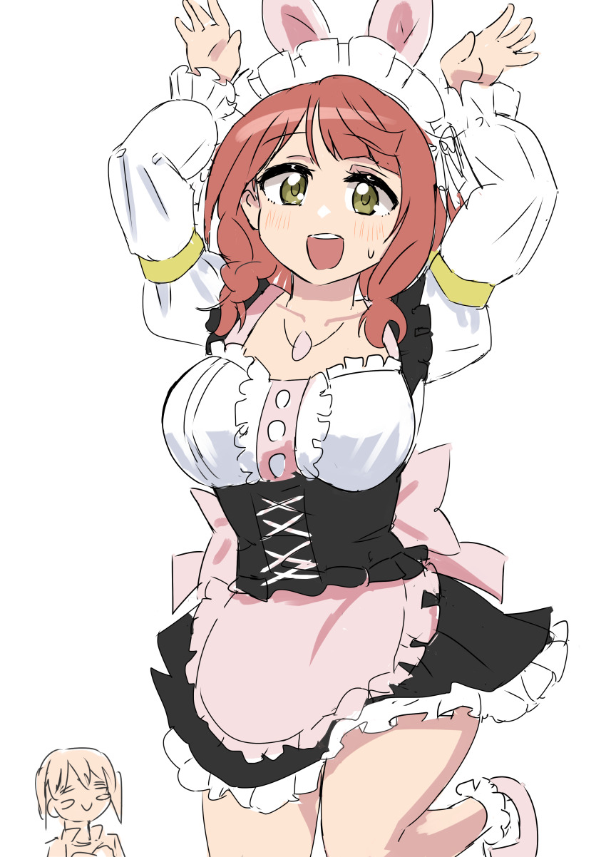 2girls :d =_= absurdres alternate_costume animal_ear_hairband animal_ears apron arms_up black_corset black_skirt blunt_bangs blush blush_stickers breasts c: chibi chibi_inset closed_mouth collarbone commentary_request corset cowboy_shot enmaided ereka fake_animal_ears frilled_apron frilled_shirt frilled_skirt frills green_eyes hairband highres jewelry large_breasts leg_up long_sleeves love_live! love_live!_nijigasaki_high_school_idol_club low_twintails maid maid_headdress medium_hair miniskirt multiple_girls necklace open_mouth pink_apron pink_hair puffy_long_sleeves puffy_sleeves rabbit_ear_hairband rabbit_ears rabbit_pose shirt short_twintails simple_background skirt smile solo_focus split_mouth sweatdrop swept_bangs takasaki_yu twintails uehara_ayumu white_background white_shirt