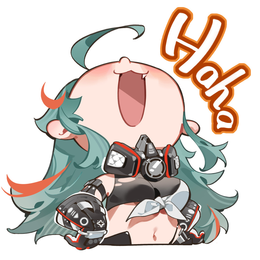 1girl absurdres ahoge artist_request chibi chibi_only chinese_commentary english_text gas_mask girls&#039;_frontline girls&#039;_frontline_neural_cloud goggles goggles_on_head green_hair hands_on_own_arms havoc_(neural_cloud) highres laughing mask midriff navel official_art open_mouth second-party_source