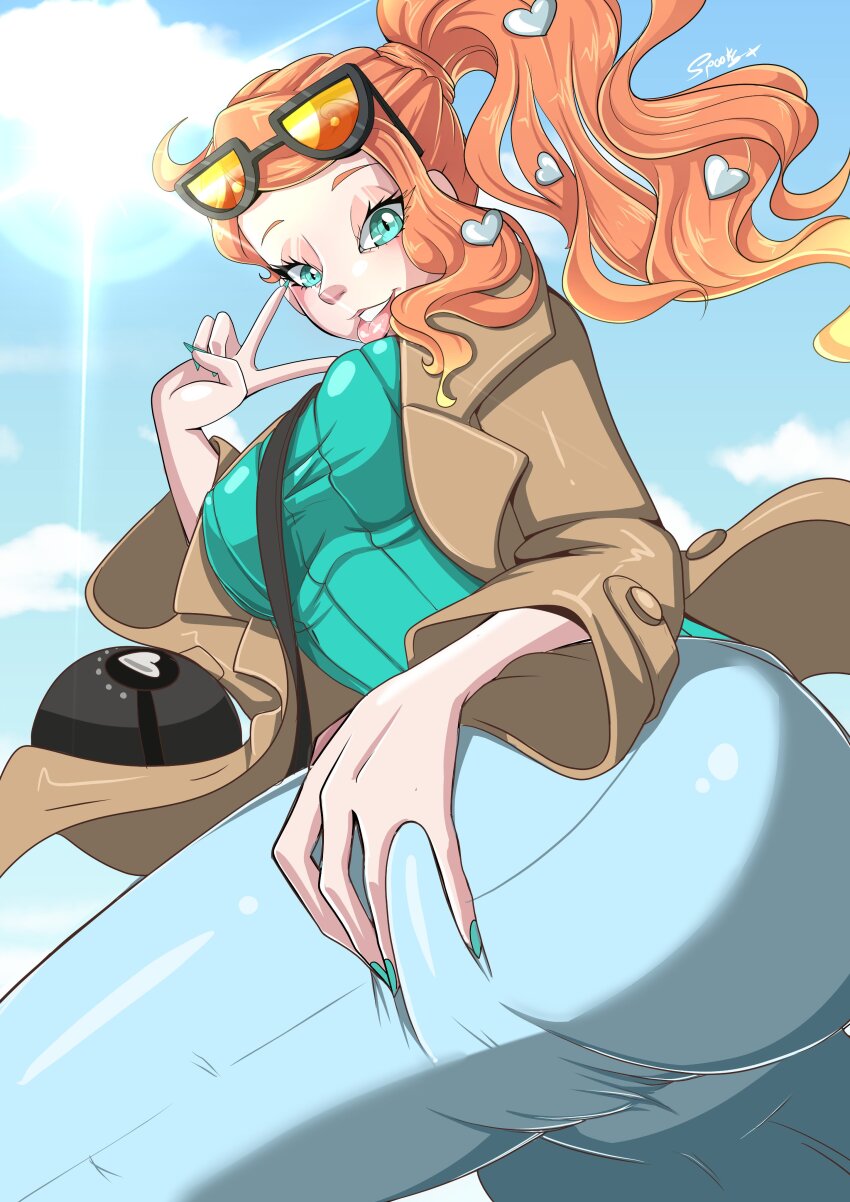 1girl absurdres aqua_eyes aqua_nails aqua_shirt ass ass_focus between_breasts black-framed_eyewear breasts brown_coat coat commentary denim english_commentary eyewear_on_head from_below hair_ornament heart heart_hair_ornament highres jeans large_breasts medium_breasts nintendo open_clothes open_coat orange-tinted_eyewear orange_hair pants pokemon pokemon_swsh ribbed_shirt roisin shirt side_ponytail smile solo sonia_(pokemon) strap_between_breasts sunglasses swept_bangs teeth tinted_eyewear tongue tongue_out upper_teeth_only v wavy_hair
