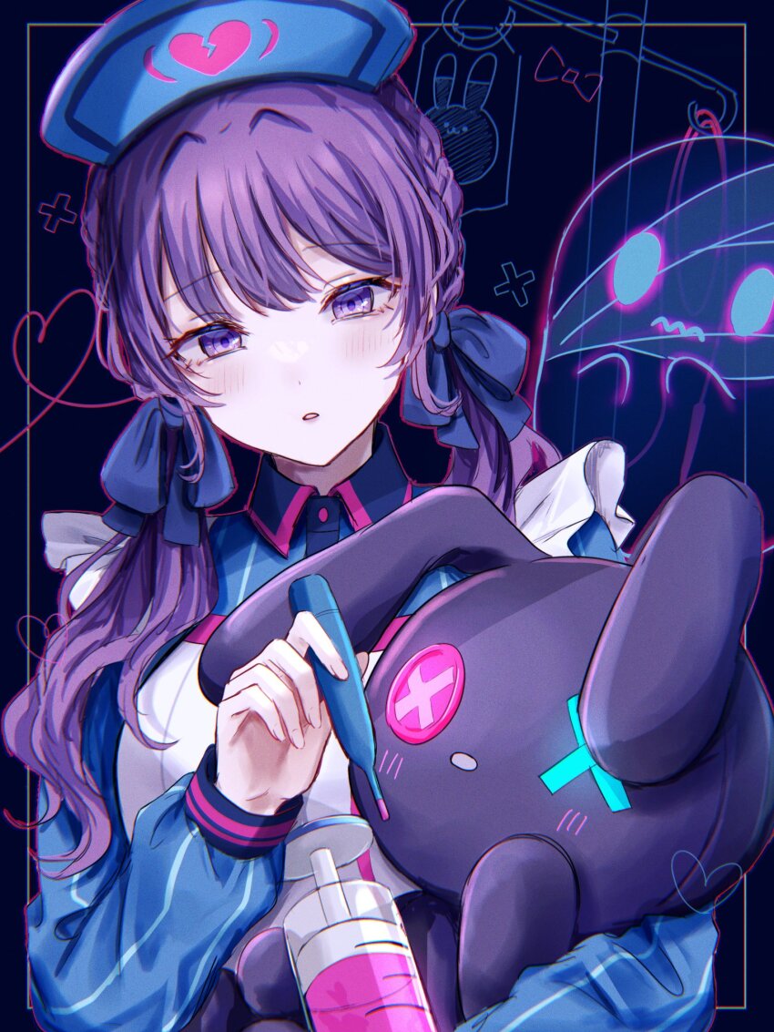 1girl apron asahina_mafuyu blue_background blue_bow blue_dress blue_hat blush border bow braid broken_heart button_eyes buttons collared_dress commentary_request dress film_grain frilled_apron frills ghost hair_bow hat heart highres holding holding_thermometer long_sleeves low_twintails nurse nurse_cap official_alternate_costume official_alternate_hairstyle outside_border oversized_object parted_lips penny_pany project_sekai purple_eyes purple_hair sidelocks solo striped_clothes striped_dress stuffed_animal stuffed_rabbit stuffed_toy syringe thermometer twintails upper_body vertical-striped_clothes vertical-striped_dress white_apron white_border wonderhorror~!?_na_kimodameshi!_(project_sekai) x x_x