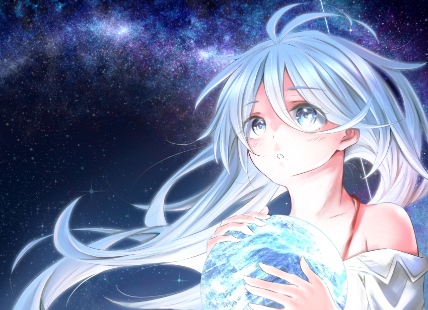 1girl :o absurdres bare_shoulders blue_eyes blue_hair commentary denpa_onna_to_seishun_otoko english_commentary gatagata1293 highres holding_orb long_hair night night_sky orb sky solo star_(sky) starry_sky touwa_erio upper_body