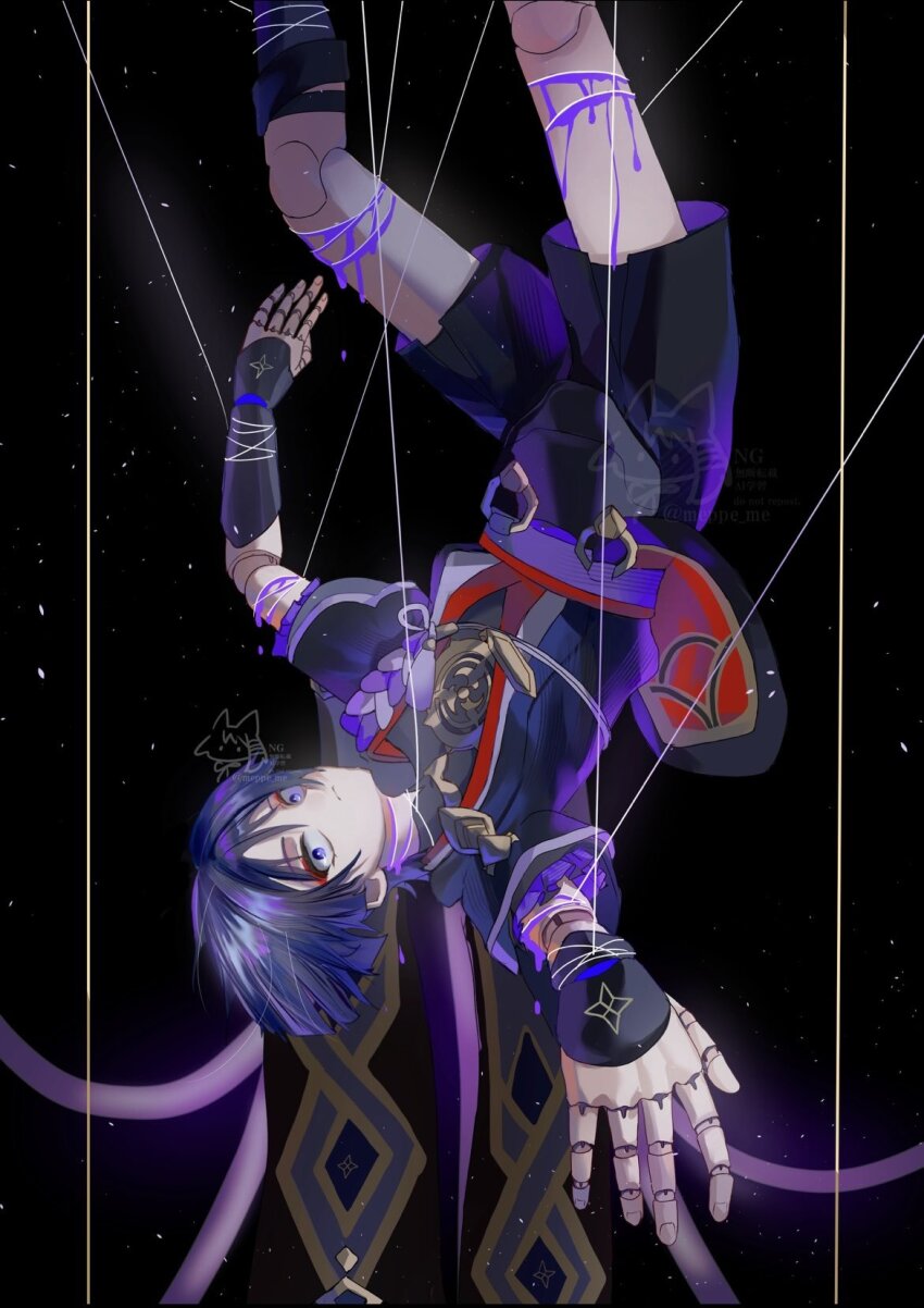 1boy armor black_background black_bodysuit black_hair black_kimono black_shorts black_sleeves blood blunt_ends bodysuit cable closed_mouth doll_joints eyeliner eyeshadow frilled_sleeves frills furisode genshin_impact gold highres japanese_armor japanese_clothes jewelry joints juban kimono kote kurokote layered_sleeves looking_at_viewer makeup male_focus mandarin_collar meppe_me mitsudomoe_(shape) multicolored_hair neck_ring open_clothes open_kimono outstretched_arms puppet_strings purple_blood purple_eyes purple_hair purple_rope purple_shorts purple_sleeves red_eyeliner red_eyeshadow red_kimono rope scaramouche_(genshin_impact) shimenawa short_sleeves shorts single_sode solo spread_arms streaked_hair string_around_arm string_around_leg string_around_neck string_around_wrist tassel tomoe_(symbol) tsurime twitter_username two-sided_shorts upside-down watermark white_kimono white_rope wide-eyed wispy_bangs