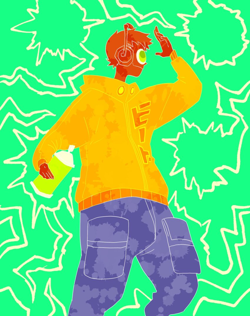 1boy beat_(jsr) belt_pouch blue_pants cropped_legs green_background headset highres holding_spray_can jet_set_radio kawoshiki male_focus pants pouch short_hair solo