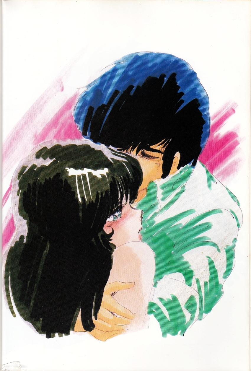 1980s_(style) 1boy 1girl black_hair blue_hair blush character_request closed_eyes couple cream_lemon dress_shirt green_eyes green_shirt hetero highres hug long_hair marker_(medium) non-web_source nonomura_ami official_art oldschool parted_lips profile retro_artstyle scan shingyouji_tatsuya shirt short_hair traditional_media upper_body