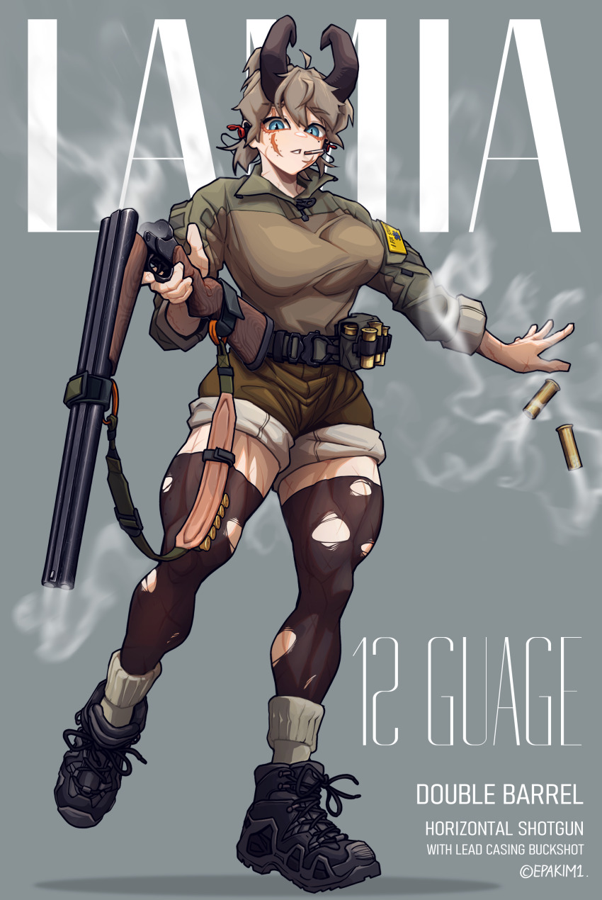 12-gauge 1girl absurdres ammunition blue_eyes break-action_shotgun break_action breasts cigarette double-barreled_shotgun english_text epakim full_body gun highres holding holding_gun holding_weapon horns large_breasts multiple-barrel_gun muscular original over-kneehighs pantyhose short_hair short_shorts shorts shotgun shotgun_shell side-by-side-barreled_shotgun smoke smoking socks solo tactical_clothes thighhighs thighs torn_clothes torn_thighhighs weapon