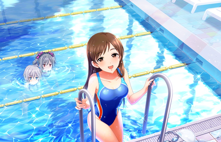10s 3girls :d anastasia_(idolmaster) artist_request blank_stare blush breasts brown_eyes brown_hair competition_swimsuit envy goggles idolmaster idolmaster_cinderella_girls idolmaster_cinderella_girls_starlight_stage kanzaki_ranko lane_line long_hair looking_at_viewer mouth_under_water multiple_girls nitta_minami official_art one-piece_swimsuit open_mouth pool pool_ladder poolside smile swim_cap swimsuit unworn_goggles unworn_swim_cap water wet