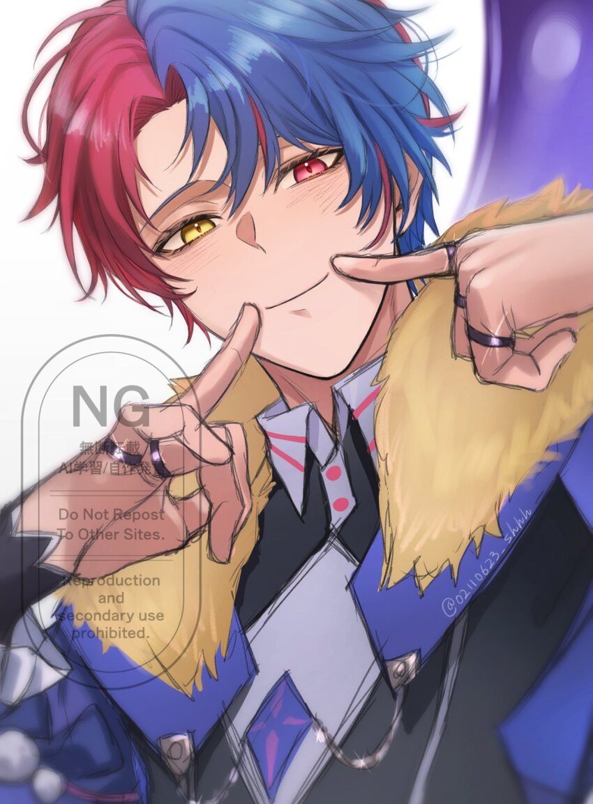 02110623_shhh 1boy blue_hair borrowed_design closed_mouth collared_shirt commentary_request fur-trimmed_jacket fur_trim genderswap genderswap_(ftm) heterochromia highres jacket jewelry looking_at_viewer male_focus multicolored_hair multiple_rings pink_eyes pink_hair ring roccia_(wuthering_waves) shirt short_hair smile solo two-tone_hair upper_body wuthering_waves yellow_eyes