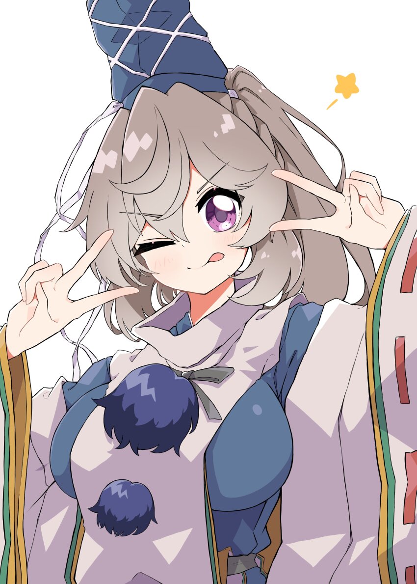 1girl absurdres blue_hat breasts commentary_request double_v grey_hair gurajio hat highres large_breasts long_sleeves medium_hair mononobe_no_futo pom_pom_(clothes) ponytail ribbon-trimmed_sleeves ribbon_trim simple_background solo star_(symbol) tate_eboshi touhou upper_body v white_background wide_sleeves