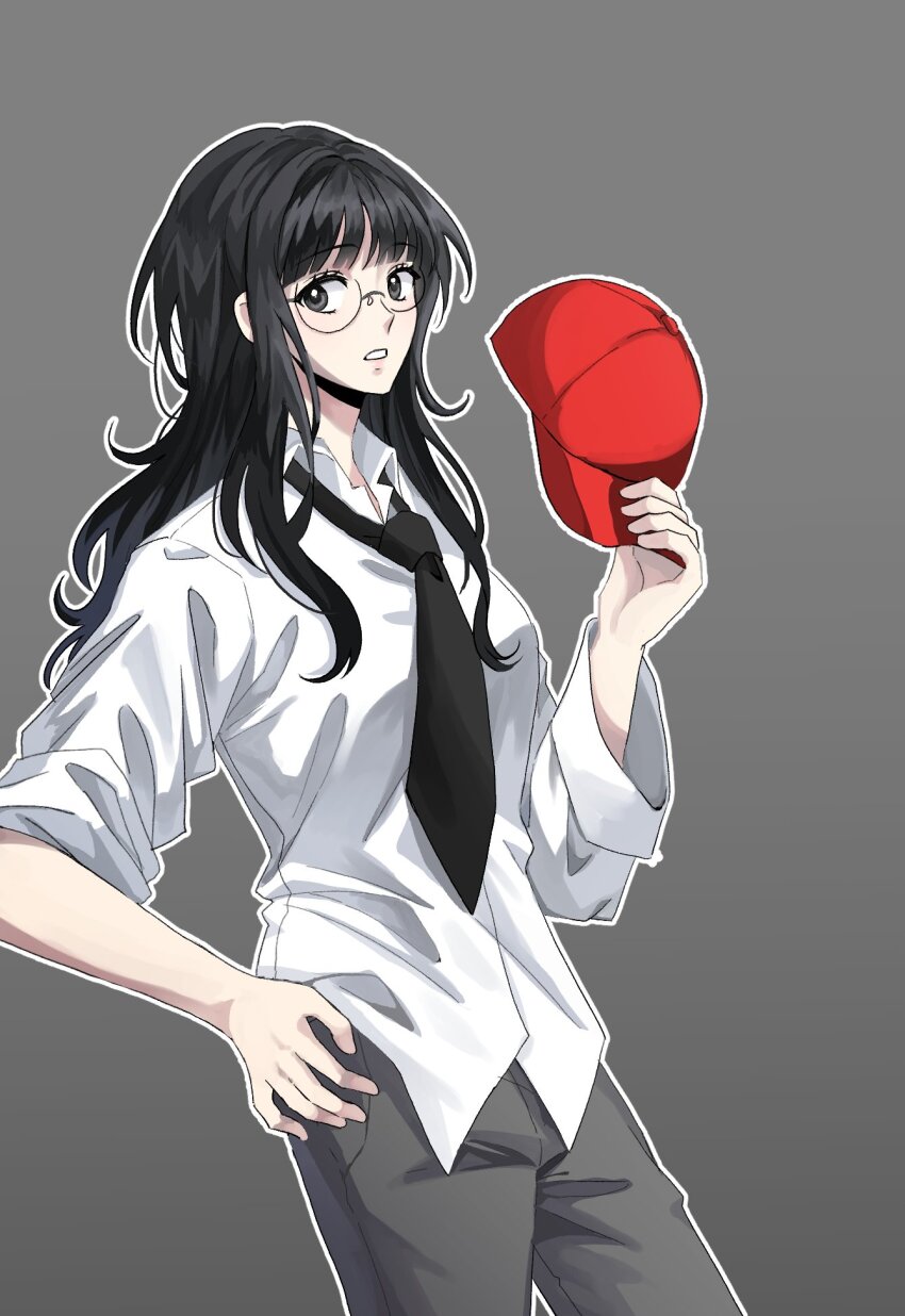 1girl akira_(bujori) baseball_cap black_eyes black_hair black_necktie bujori collared_shirt commentary_request cowboy_shot dress_shirt glasses grey_background grey_pants hand_on_own_hip hat highres holding holding_unworn_clothes holding_unworn_hat korean_commentary long_hair looking_to_the_side necktie original outline pants parted_lips red_hat round_eyewear shirt simple_background solo unworn_hat unworn_headwear white_outline white_shirt