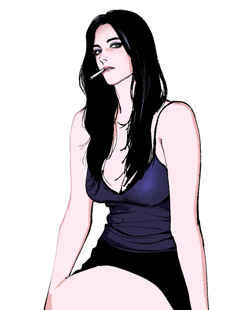1girl black_hair camisole cigarette eva_green eyeshadow highres long_hair looking_at_viewer makeup mascara pink_lips purple_camisole purple_eyeshadow real_life simple_background sitting solo sozoo1029 white_background
