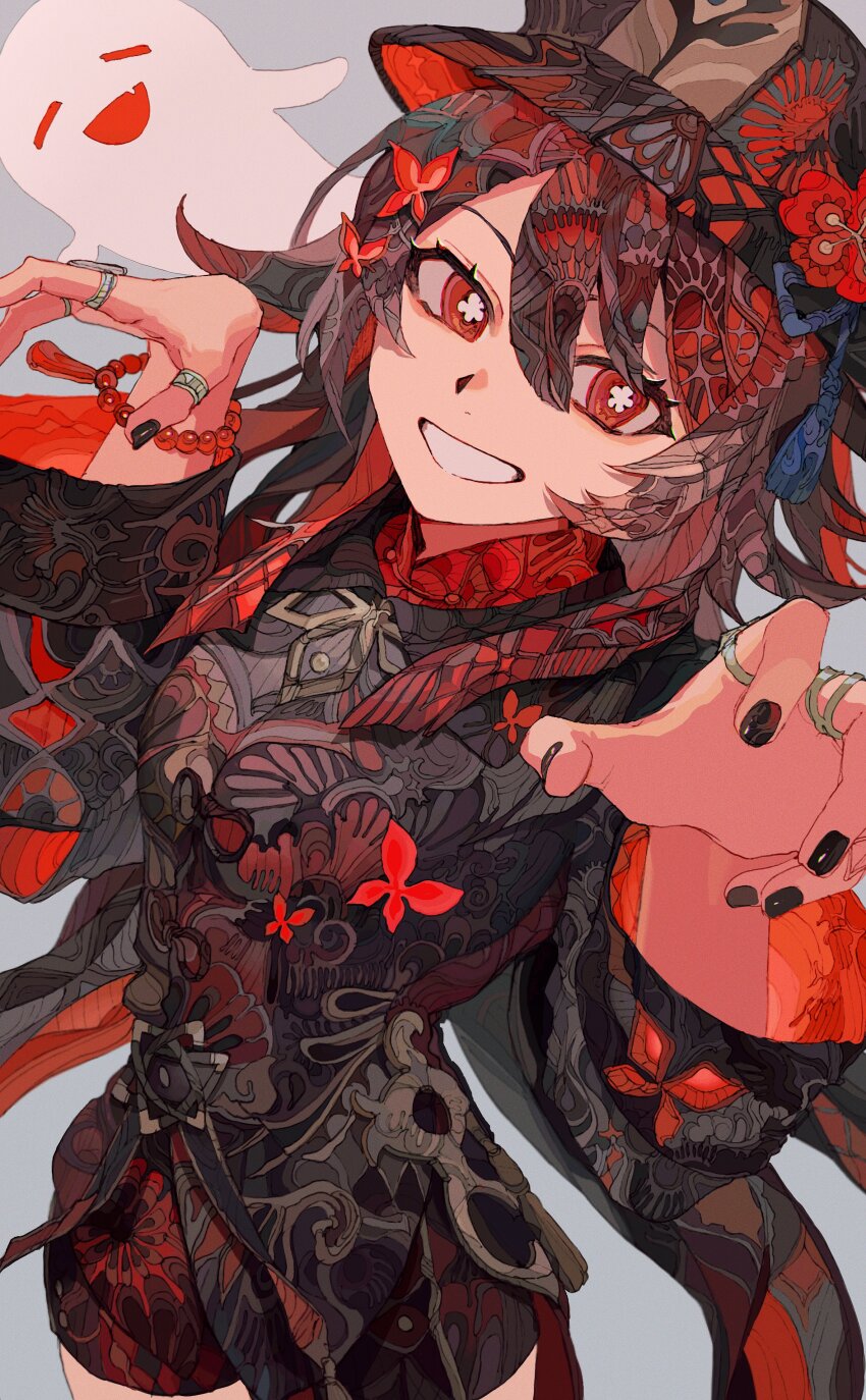 1girl absurdres black_coat black_hat black_nails black_shorts boo_tao_(genshin_impact) bracelet bright_pupils brown_eyes brown_hair coat cowboy_shot fingernails flower genshin_impact grey_background hair_between_eyes hair_ornament hairclip hat hat_flower hat_tassel highres hu_tao_(genshin_impact) jewelry long_hair long_sleeves looking_at_viewer multiple_rings patterned_clothing patterned_hair ring shorts sidelocks simple_background smile solo symbol-shaped_pupils yadu_nadu