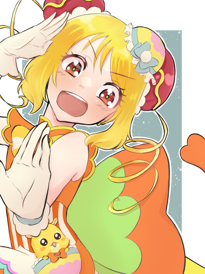 1girl absurdres blonde_hair blush bun_cover china_dress chinese_clothes cure_yum-yum delicious_party_precure dragon dress drill_hair earrings fairy gloves hanamichi_ran highres jewelry magical_girl mem-mem_(precure) open_mouth orange_dress orange_eyes precure shigen_pr short_hair solo twin_drills white_gloves