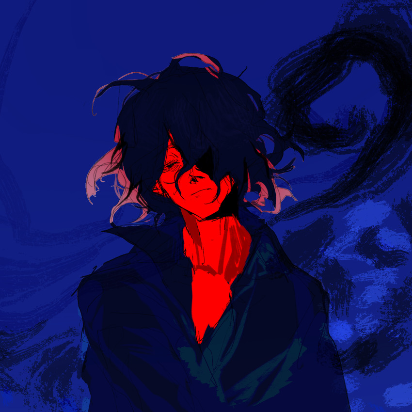 1boy abstract_background absurdres blue_background blue_theme c8h11o2n closed_mouth colored_skin frown hair_over_one_eye head_tilt highres looking_at_viewer male_focus messy_hair monochrome red_skin saibou_shinkyoku short_hair sketch solo spot_color upper_body utsugi_noriyuki