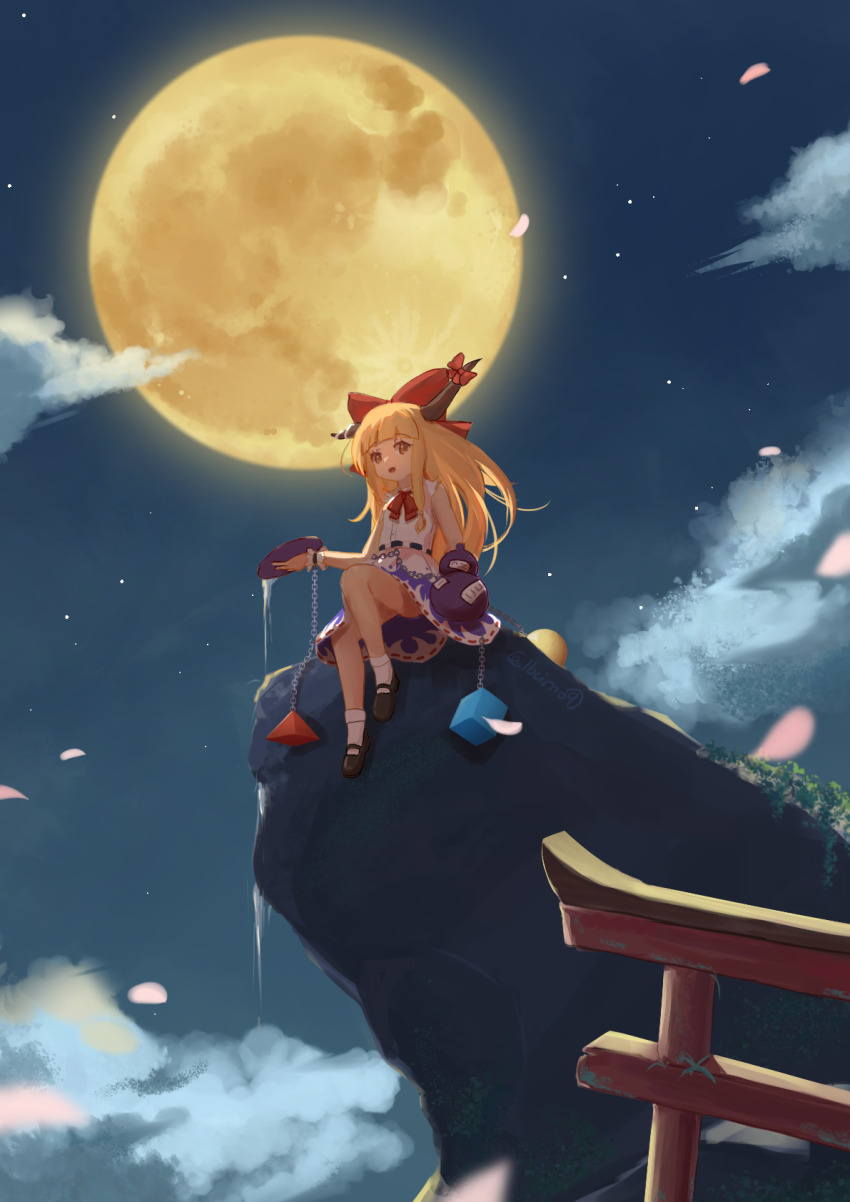 1girl ankle_socks blonde_hair blue_shirt blunt_bangs brown_horns chain cloud collared_shirt commentary cube cup falling_petals floating_hair full_moon gourd hair_ribbon highres holding holding_cup holding_gourd horn_ornament horn_ribbon horns ibuki_suika knee_up lbcirno9 long_hair long_sidelocks looking_at_viewer mary_janes moon neck_ribbon night night_sky no_panties on_floor open_mouth orb outdoors petals pink_petals pyramid_(geometry) red_ribbon ribbon ribbon_trim sakazuki shirt shoes sidelocks sitting skirt sky sleeveless socks solo spilling star_(sky) torii torn_clothes torn_sleeves touhou twitter_username two-tone_skirt upskirt very_long_hair white_shirt white_skirt white_socks white_wrist_cuffs wrist_cuffs yellow_eyes yellow_moon