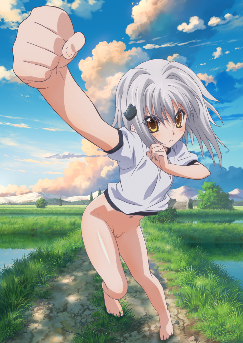 absurdres barefoot high_school_dxd highres outdoors pussy shirt toujou_koneko white_hair white_shirt yellow_eyes