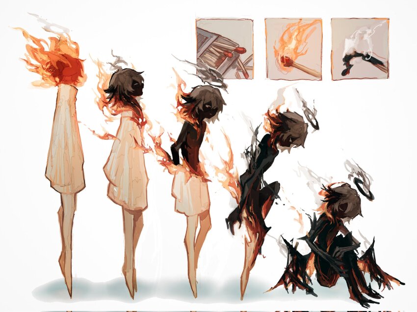 1other androgynous black_halo black_skin black_wings burning burnt closed_eyes colored_skin dress full_body grey_hair halo highres knees_to_chest matches original page_nak1 sequential simple_background standing transformation white_background white_dress wings