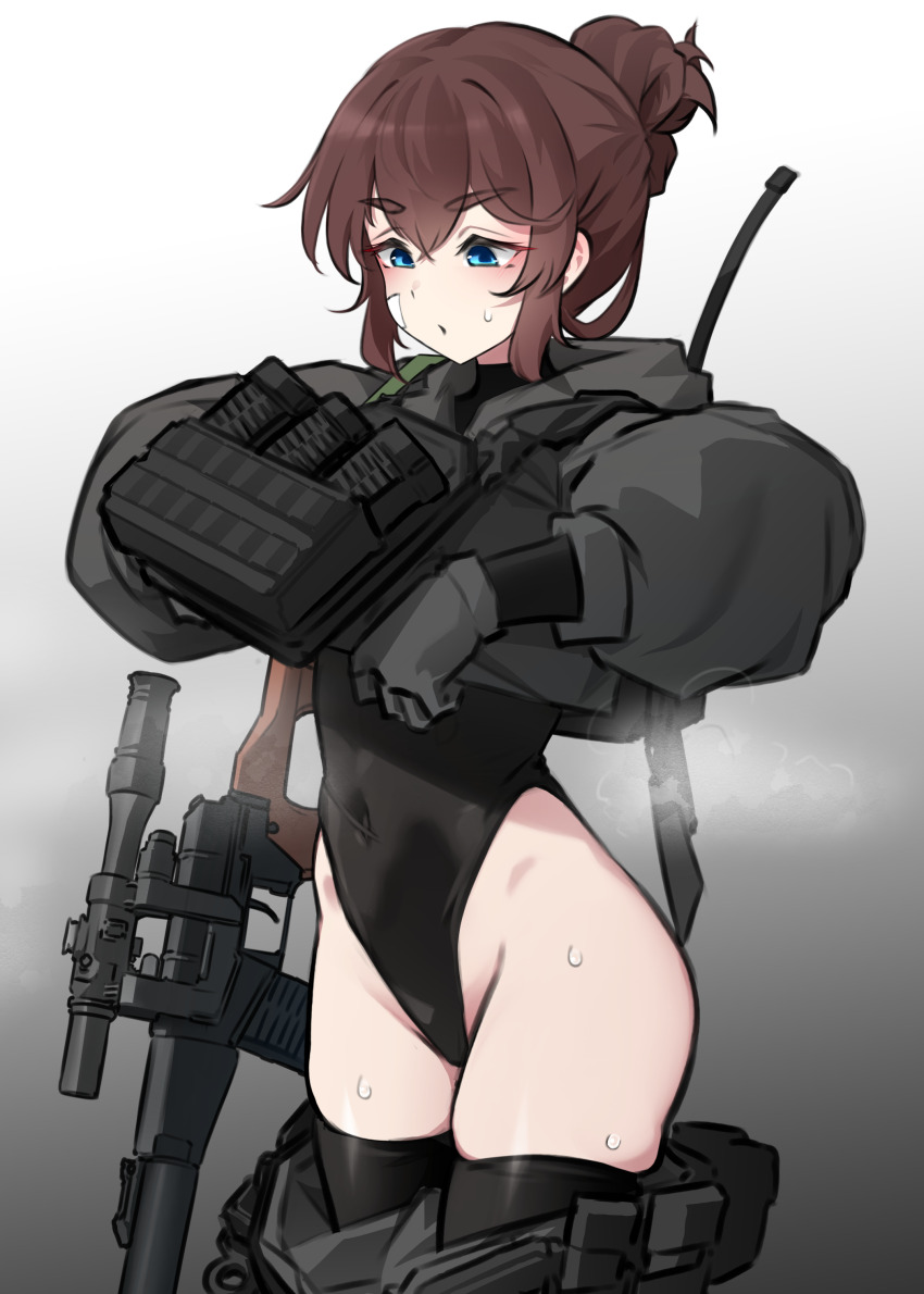 1girl absurdres adjusting_clothes bandage_on_face bandages black_thighhighs blue_eyes brown_hair clothes_pull dragunov_svd gradient_background gun heavy_breathing highleg highleg_leotard highres k0ng leotard lifting_own_clothes load_bearing_vest loner-chan_(k0ng) looking_down magazine_(weapon) original pants pants_pull rifle sidelocks sniper_rifle solo sweat thighhighs vest_lift weapon
