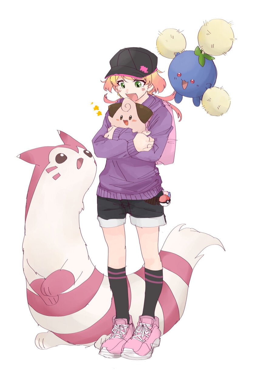:d alternate_color backpack bag baseball_cap belt black_hat black_shorts black_socks blonde_hair blush cleffa commentary_request daramass1200 denim denim_shorts dot_nose fang flipped_hair french_braided_twintails furret gen_2_pokemon gradient_hair green_eyes happy hat heal_ball highres holding holding_pokemon hug jumpluff kneehighs looking_at_another looking_down multicolored_hair nintendo open_mouth pink_bag pink_fur pink_hair pink_shoes poke_ball poke_ball_(basic) pokemon pokemon_(creature) purple_sweater shiny_pokemon shoes short_shorts short_twintails shorts shoujo_kageki_revue_starlight shoujo_kageki_revue_starlight_-re_live- sidelocks simple_background smile sneakers socks standing star_(symbol) sweater twintails two-tone_fur two-tone_hair umibe_minku utility_belt waist_poke_ball