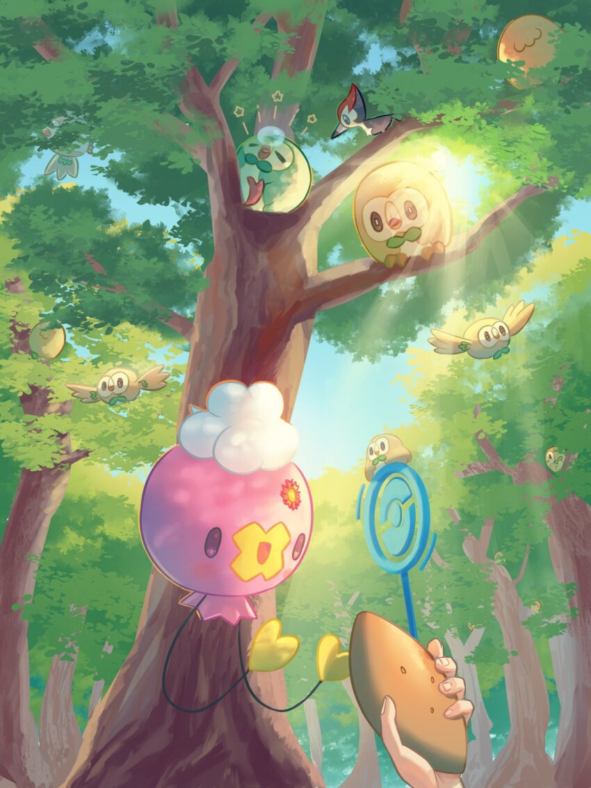 1other :d alternate_color bird commentary_request day drifloon gen_4_pokemon gen_7_pokemon highres holding in_tree mokukitusui nintendo open_mouth outdoors owl pikipek pokemon pokemon_(creature) rowlet shiny_pokemon sky smile squeans star_(symbol) tree