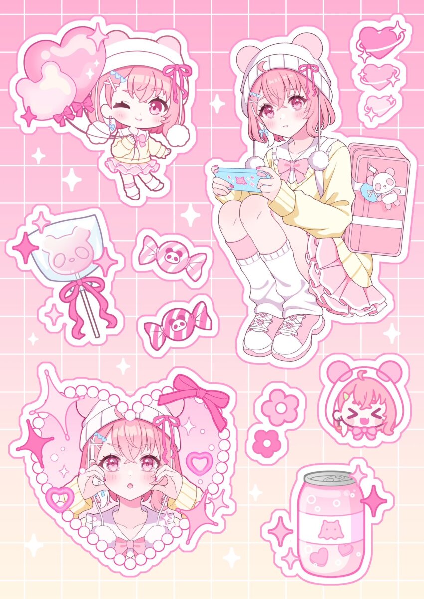 &gt;_&lt; 1girl :o ahoge animal_ears animal_hat bag bag_charm balloon beanie bear_ears bear_hat blush bow bow_earrings bowtie can candy cellphone charm_(object) chibi closed_mouth collarbone collared_shirt commentary crossed_bangs drink_can earrings eyelashes fake_animal_ears fang fang_out fingernails flower_symbol food frilled_shirt_collar frills gradient_background grid_background hair_between_eyes hair_ornament hairclip hands_up hat hat_ribbon heart heart_balloon heart_hair_ornament highres holding holding_balloon holding_phone jewelry leg_warmers lollipop long_sleeves looking_at_viewer miniskirt mole mole_under_eye multicolored_hair multicolored_shoes multiple_views nail_polish nijisanji one_eye_closed open_mouth outline parted_bangs phone pink_background pink_bag pink_bow pink_bowtie pink_eyes pink_hair pink_nails pink_ribbon pink_shoes pink_skirt pleated_skirt pom_pom_(clothes) ponigiri12 ribbon sasaki_saku school_bag school_uniform shirt shoes short_eyebrows short_hair single_earring skirt sleeves_past_wrists smartphone smile sparkle squatting streaked_hair sweater symbol-only_commentary two-tone_shoes virtual_youtuber white_hair white_hat white_leg_warmers white_outline white_shirt white_shoes yellow_background yellow_sweater
