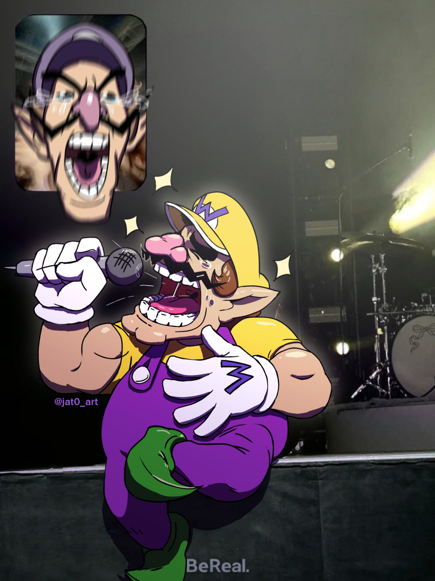 2boys absurdres big_nose closed_eyes commentary crossed_legs crying english_commentary facial_hair fan_screaming_at_madison_beer_(meme) gloves hand_on_own_chest hat highres holding holding_microphone jat0_art male_focus mario_(series) meme microphone multiple_boys music mustache nintendo open_mouth overalls pointy_ears saliva singing sitting waluigi wario white_gloves