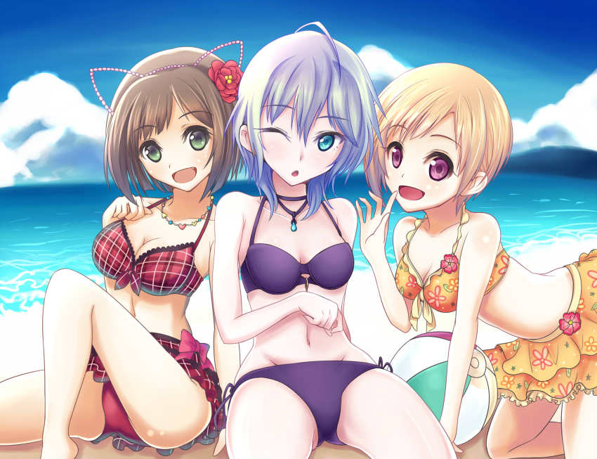10s 3girls ahoge aiba_yumi anastasia_(idolmaster) ball beach bikini blonde_hair blue_eyes breasts brown_hair cleavage cloud day fang green_eyes happy highres idolmaster idolmaster_cinderella_girls jewelry maekawa_miku medium_breasts multiple_girls navel necklace ocean outdoors purple_eyes purple_hair red_bikini shirousagi_una sitting sky swimsuit water