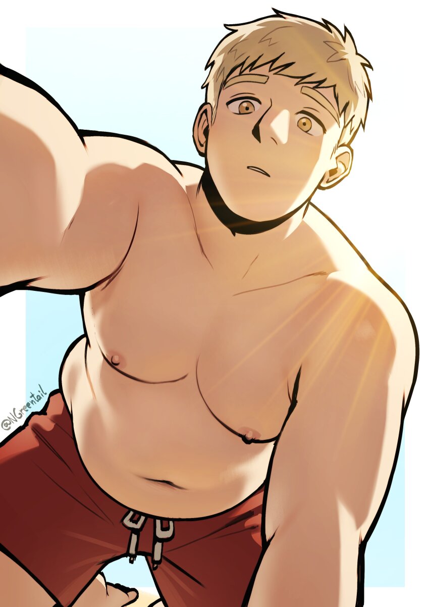 1boy absurdres alternate_body_size bara belly big_belly blonde_hair dungeon_meshi fat fat_man foreshortening from_below highres laios_touden male_focus male_swimwear navel nifast_(greentail) nipples parted_lips pectorals pov sanpaku short_hair solo stomach sunlight swim_trunks topless_male