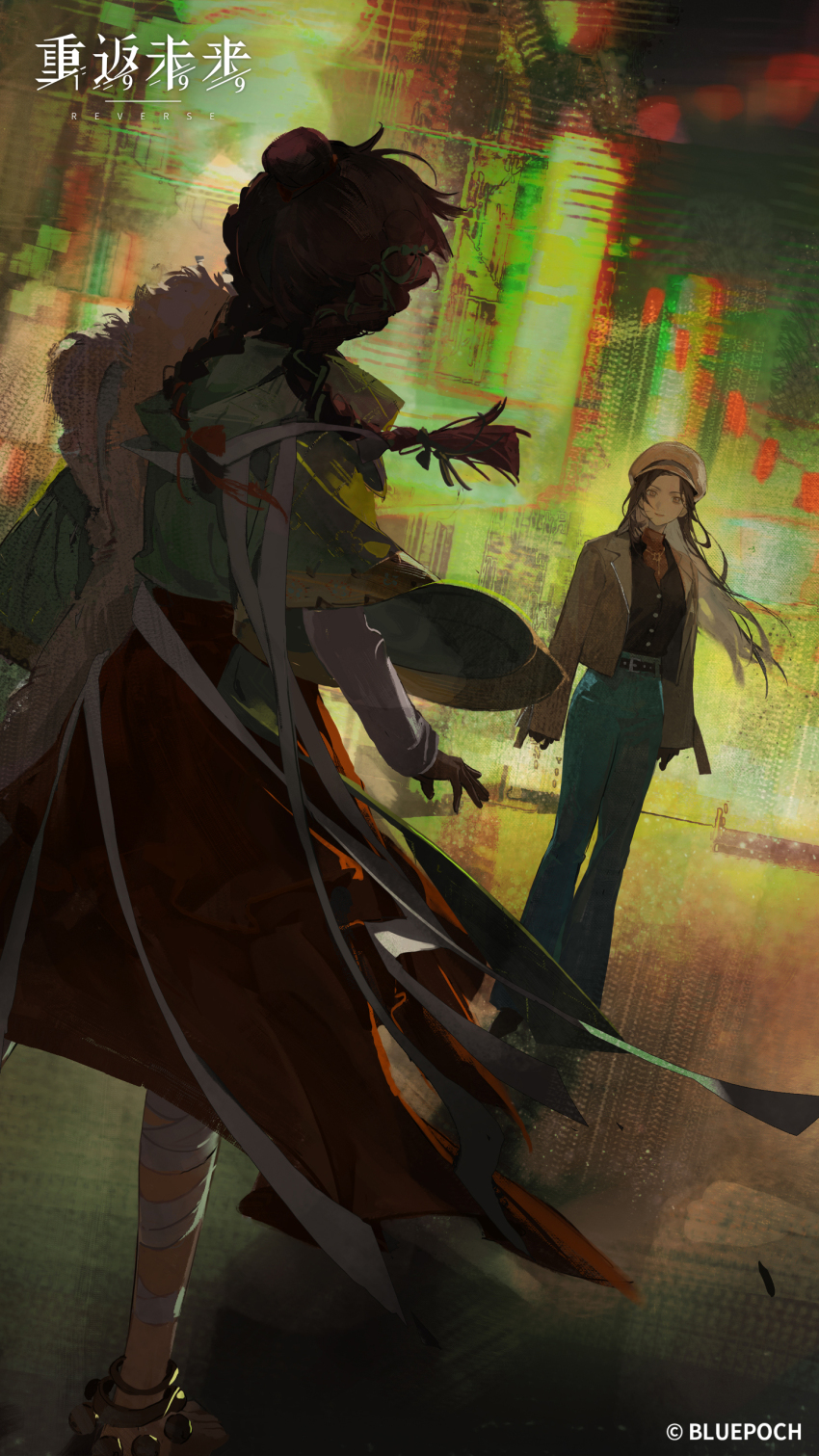 2girls absurdres ankle_bell bandaged_leg bandages barefoot black_hair black_pants black_shirt blurry blurry_background braid brown_hat brown_jacket chinese_clothes city cityscape confrontation copyright_name copyright_notice denim dutch_angle faceoff facing_another facing_away feather_boa floating_hair foot_out_of_frame from_behind glitch green_hanfu hanfu hat highres jacket jeans lantern leg_wrap liang_yue_(reverse:1999) logo long_hair low_twin_braids medium_skirt multiple_girls neon_lights night official_art official_wallpaper pants paper_lantern qi_xing_(reverse:1999) red_skirt reverse:1999 shirt skirt standing twin_braids wide_sleeves