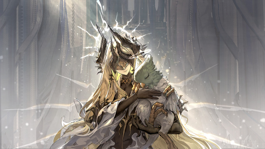 1girl animal arknights artist_request black_gloves black_horns blindfold_mask blonde_hair closed_eyes covered_eyes demon_horns detached_wings dress energy_wings feathers formal_clothes gloves halo halo_behind_head highres holding holding_animal horns indoors juliet_sleeves keph_(arknights) long_hair long_sleeves mask official_art puffy_sleeves smile solo standing third-party_source upper_body very_long_hair wavy_hair white_dress wings