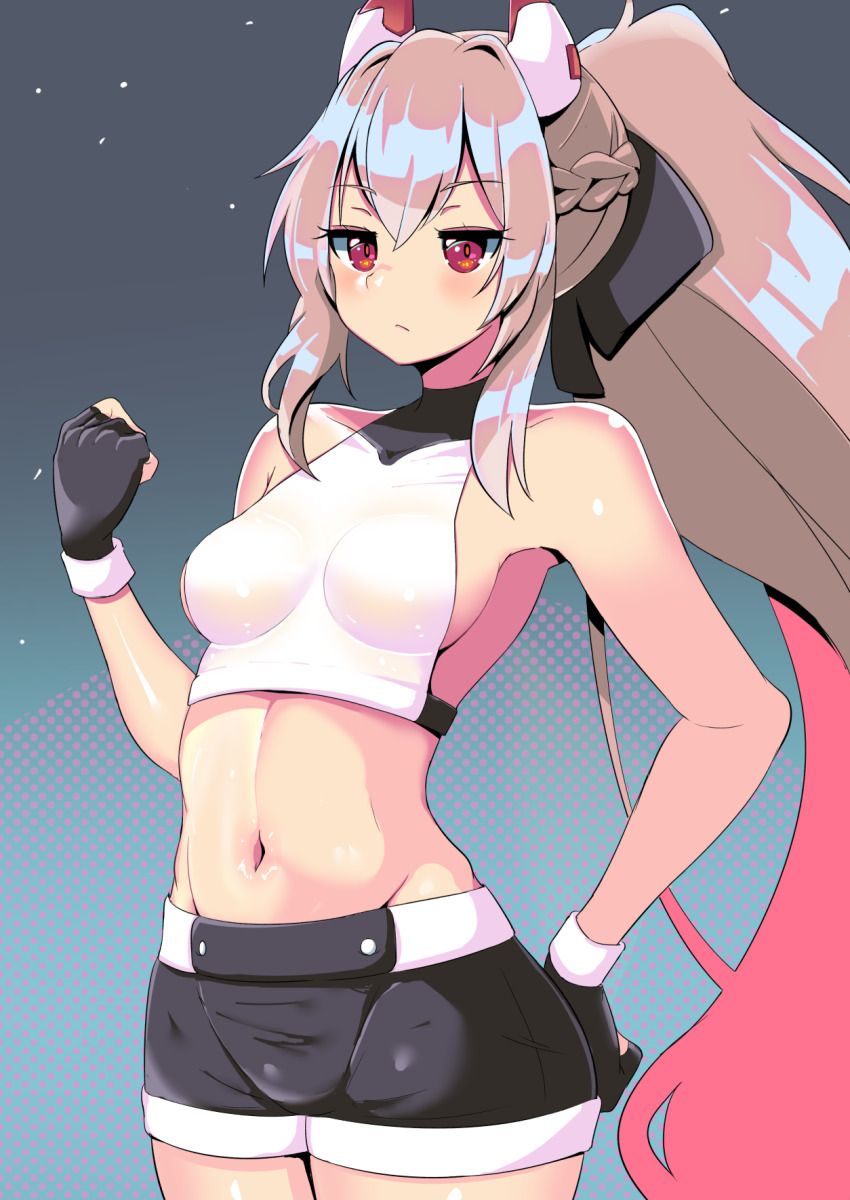 1girl ayanami_(azur_lane) ayanami_(dynamic_kick!)_(azur_lane) azur_lane black_gloves black_shorts bow braid breasts brown_hair commentary_request edoara fingerless_gloves gloves groin hair_between_eyes hair_bow hair_ribbon headgear highres long_hair looking_at_viewer medium_breasts navel official_alternate_costume ponytail red_eyes ribbon short_shorts shorts sideboob sidelocks silver_hair simple_background single_braid solo stomach