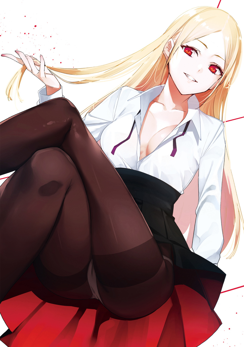1girl ass black_pantyhose black_skirt blonde_hair breasts cleaned cover cover_page crossed_legs destiny_lovers dress_shirt grin hair_flip high-waist_skirt highres hinoe_marika long_hair manga_cover medium_breasts neck_ribbon official_art open_collar paint_splatter panties pantyhose pantyshot parted_bangs pink_nails red_eyes ribbon shirt simple_background sitting skirt smile solo third-party_edit third-party_source tomohiro_kai two-tone_skirt underwear white_background white_panties white_shirt