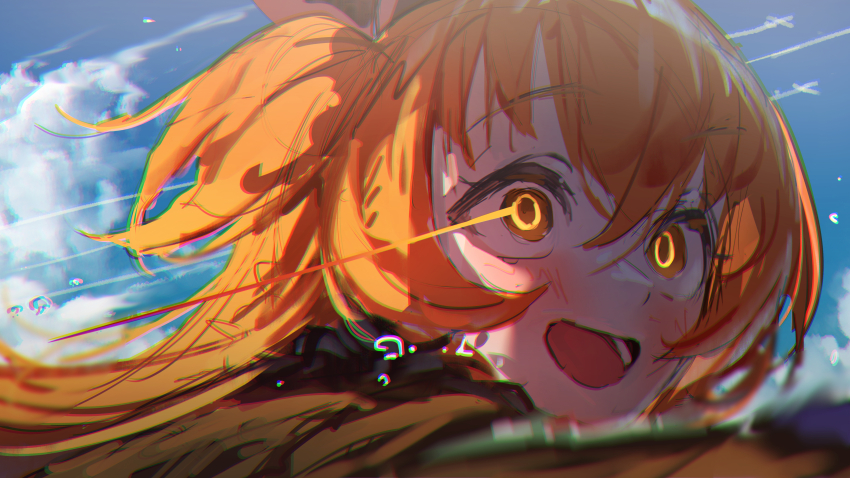 1girl absurdres aircraft airplane blurry blush brown_jacket close-up cloud cloudy_sky commentary_request depth_of_field eye_trail glowing glowing_eyes hair_between_eyes highres jacket light_trail long_hair mayano_top_gun_(umamusume) one_side_up open_mouth orange_eyes orange_hair outdoors running sky smile solo teeth twintails umamusume umamusume:_star_blossom yellow_eyes yu_hydra