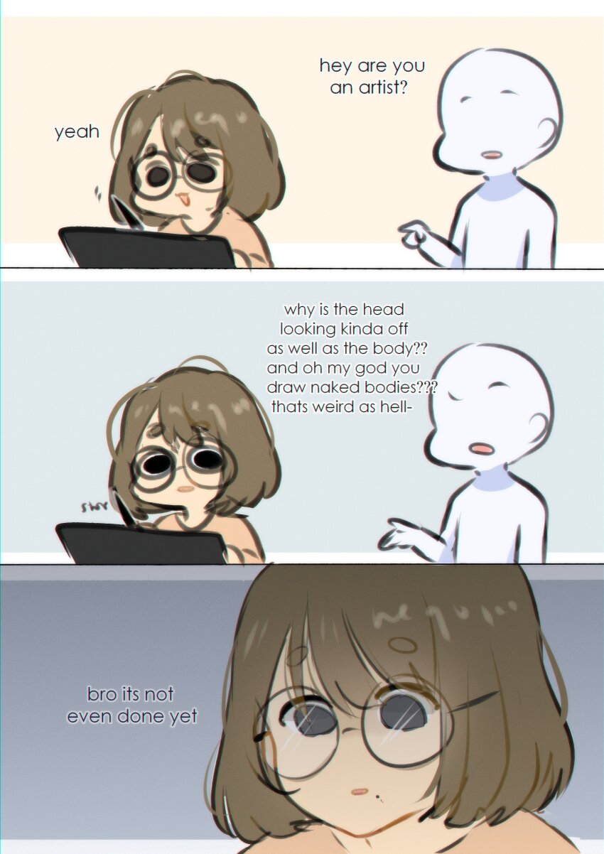 1boy 1girl 3koma absurdres black_eyes black_hair comic drawing drawing_tablet english_text faceless faceless_male glasses highres mole mole_under_mouth neqo_(neneneqo) original round_eyewear stylus truth