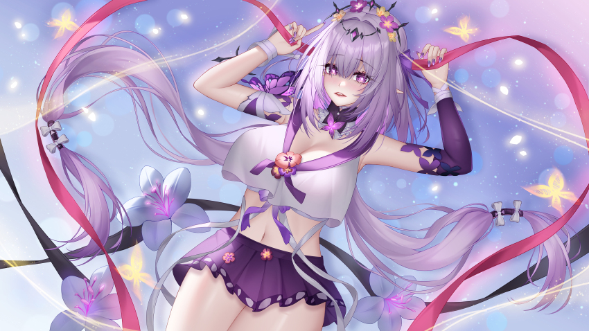 1girl absurdres ayi01 black_tiara blue_background breasts castorice_(honkai:_star_rail) cleavage commentary_request cowboy_shot cropped_shirt flower flower_ornament hair_flower hair_ornament highres holding holding_ribbon honkai:_star_rail honkai_(series) large_breasts long_hair midriff miniskirt navel parted_lips pleated_skirt purple_eyes purple_flower purple_hair purple_nails purple_skirt ribbon shirt skirt solo thighs tiara white_shirt
