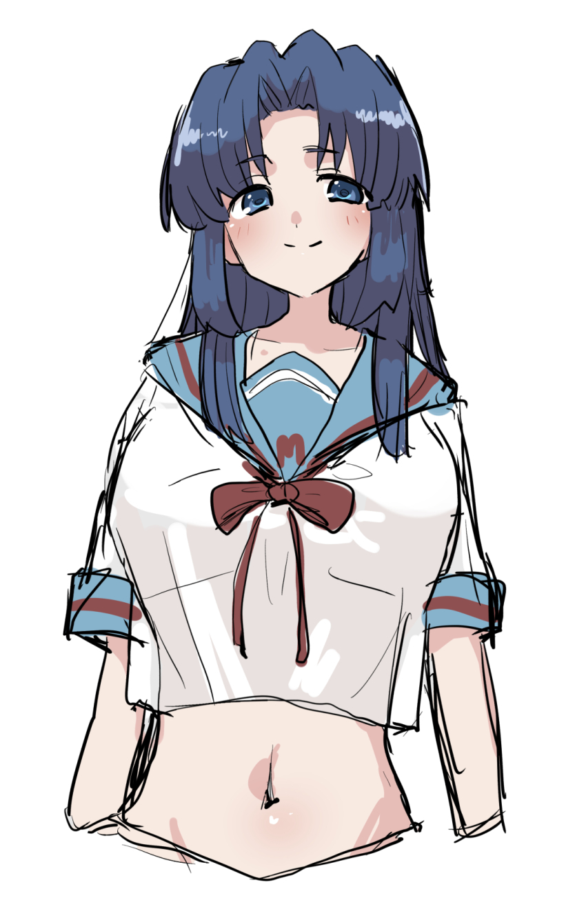 1girl asakura_ryoko blue_eyes blue_hair blue_sailor_collar commentary cropped_shirt highres kita_high_school_uniform long28 long_hair looking_at_viewer midriff navel neck_ribbon red_ribbon ribbon sailor_collar school_uniform shirt simple_background sketch smile solo suzumiya_haruhi_no_yuuutsu white_background white_shirt