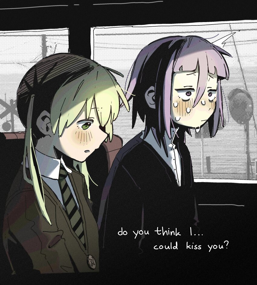 1girl 1other absurdres androgynous blonde_hair blunt_bangs blush crona_(soul_eater) english_text green_eyes highres long_hair machuuu68 maka_albarn medium_hair necktie pink_eyes pink_hair shirt soul_eater striped_necktie sweat sweater_vest twintails white_shirt