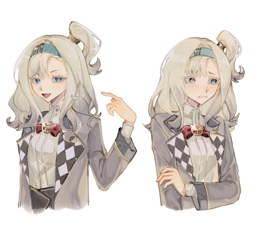 :d absurdres blazer blue_eyes blue_hairband bow bowtie clenched_teeth cropped_torso furrowed_brow grey_hair grey_jacket hairband hand_on_own_arm hand_up highres jacket long_sleeves looking_at_viewer matilda_bouanich medium_hair multiple_views one_side_up open_clothes open_jacket open_mouth red_bow red_bowtie reverse:1999 sangyu-feiwan shirt smile teeth traditional_bowtie upper_body white_background white_shirt